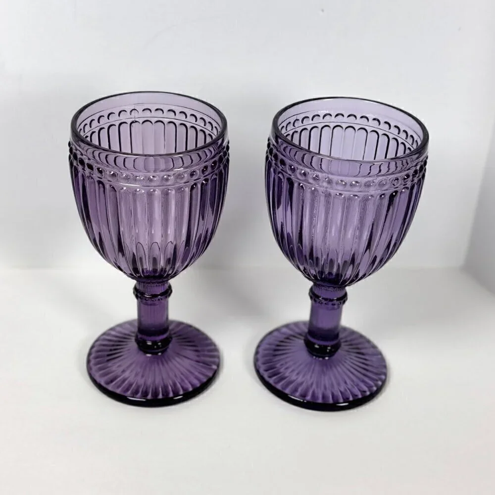 VTG Rosanna Wine Glasses 8 OZ Purple Mouth-Blown Thick Glass Fancy  2PCs